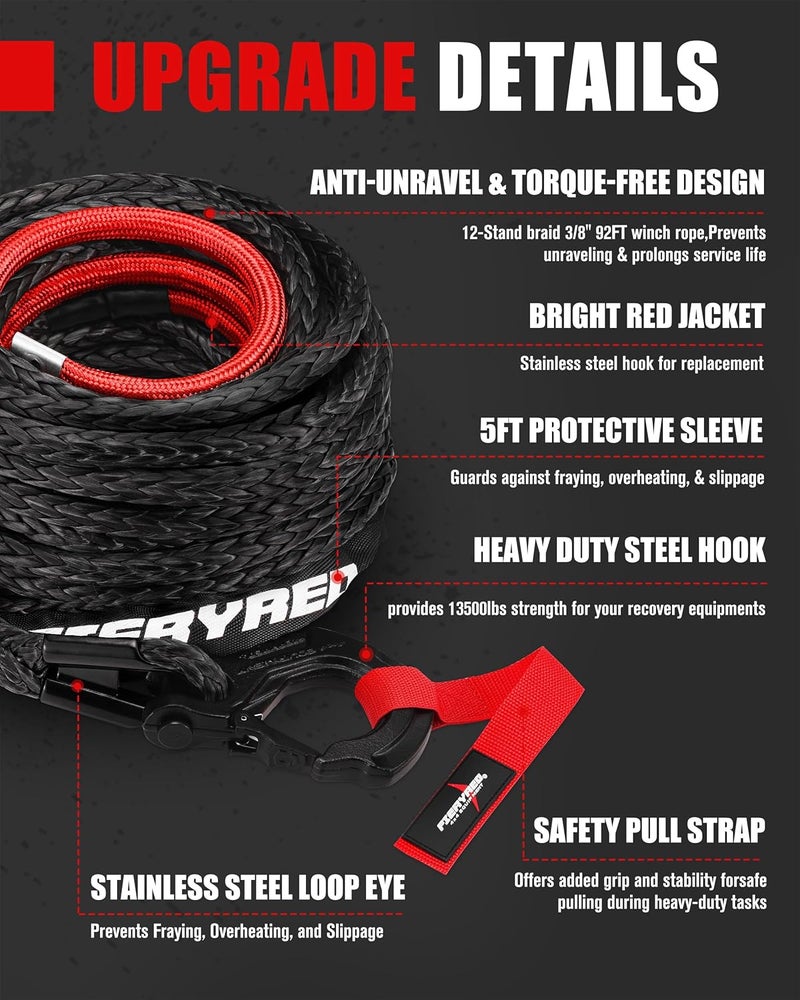 FIERYRED 3/8inch 92FT 23809 LBS Synthetic Winch Rope Cable Kit with Forged Hook and Strap, Winch Line Replacement for 12000-16000LBS Winch 4WD Off-Road Vehicle Jeep Truck SUV - Image 4